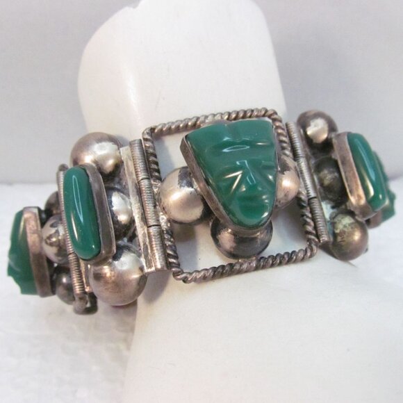 Sterling Silver Carved Green Onyx Tribal Face Mexican Link Bracelet Size 6.75 - Picture 1 of 16